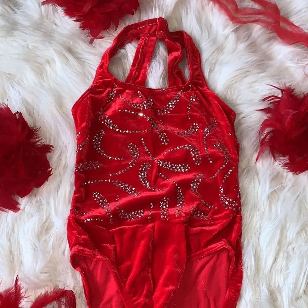 Kids Red velvet sequin and feather tap outfit